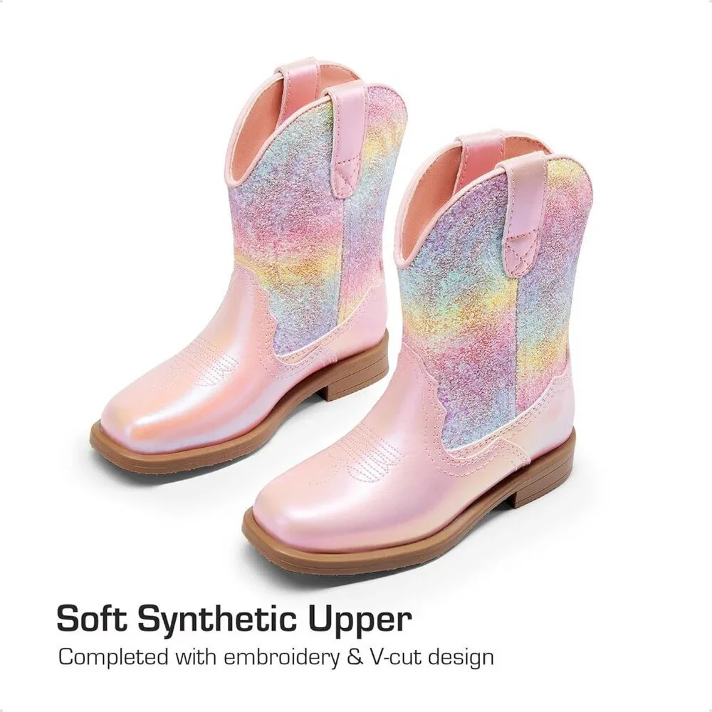 ⚡Girls Pink Rainbow Toddler Cowgirl Boots Western Square Toe Riding Mid Calf